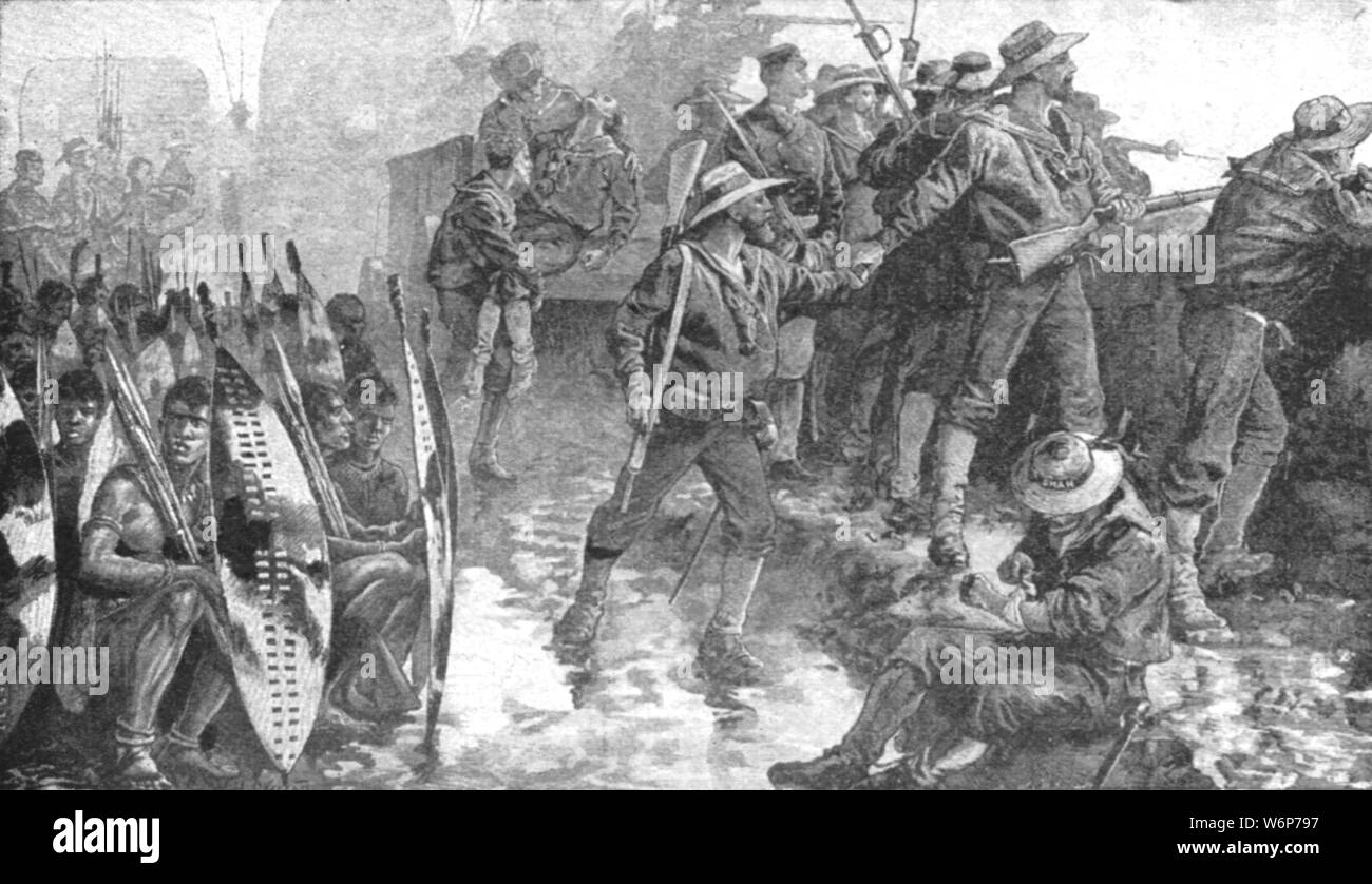 'La Zulu War, 1879 : Les hommes de H.M.S. 'Shah' à l'intérieur de l'assiégés à Ginghilovo', (1901). La bataille de Gingindlovu (dans ce qui est maintenant l'Afrique du Sud) a eu lieu le 2 avril 1879, entre les soldats britanniques et les marins et guerriers zoulous du Roi Cetshwayo. "De l'Illustrated London News Record de la glorieuse époque de la reine Victoria 1837-1901 : la vie et l'accession du roi Édouard VII et la vie de la Reine Alexandra". [Londres, 1901] Banque D'Images