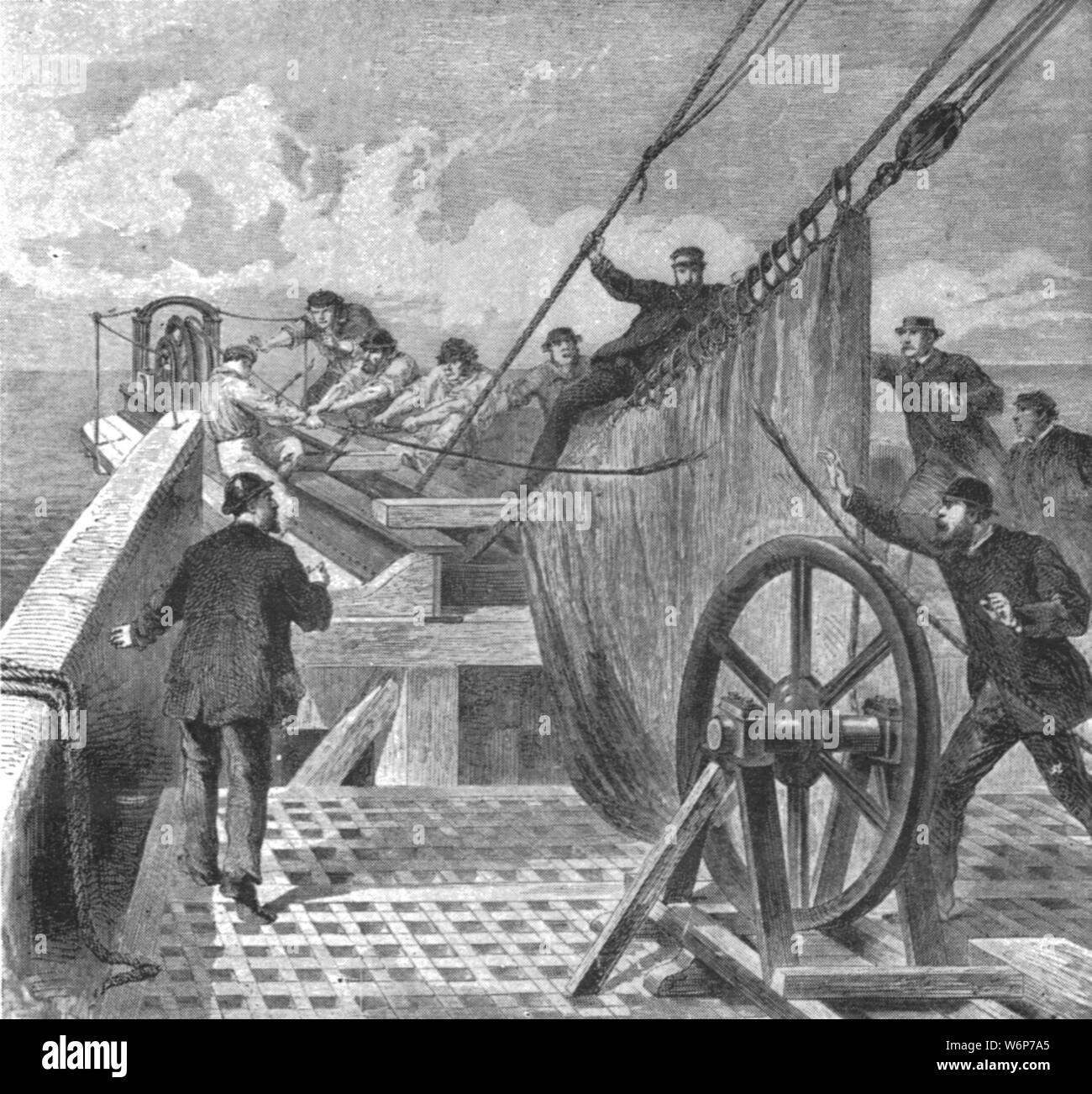 "La rupture du câble de l'Atlantique à bord du "Grand Est", 2 août 1865", (1901). Le premier câble télégraphique transatlantique a été mis sur le plancher de l'océan Atlantique à partir de Valentia Island dans l'ouest de l'Irlande à Heart's Content dans l'Est de Terre-Neuve, Canada. Le câble a éclaté à plusieurs reprises, mais a été réparé. Le câble a réduit le temps de communication entre l'Amérique du Nord et l'Europe de dix jours, le temps nécessaire pour délivrer un message par navire - à une question de minutes. "De l'Illustrated London News Record de la glorieuse époque de la reine Victoria 1837-1901 : la vie et l'Accessio Banque D'Images