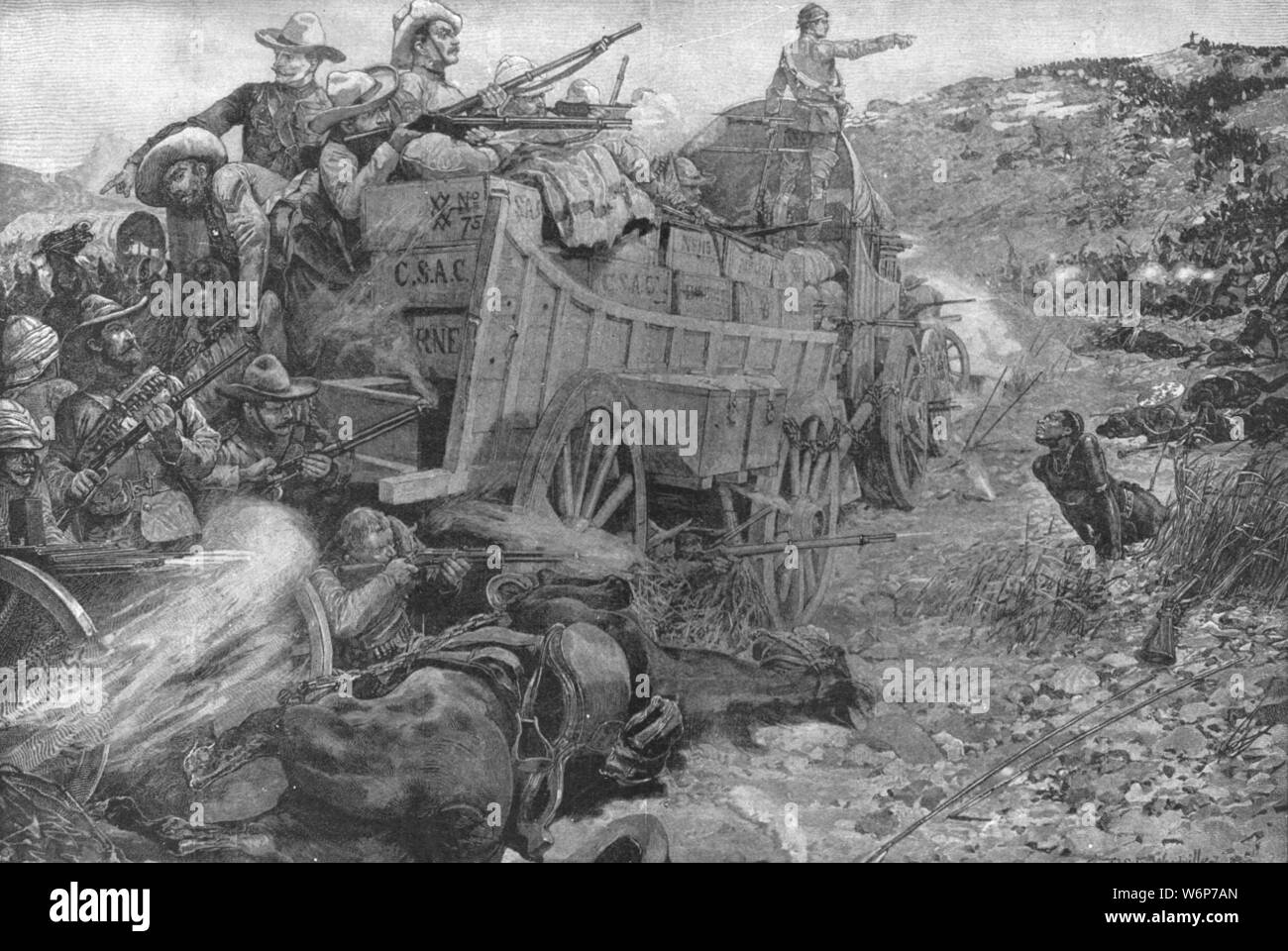 "La guerre, 1893 Matabele : attaque sur le laager de wagons sur le Imbembezi River, Novembre 1', (1901). La Première Guerre s'est déroulée à Matabele 1893 entre la British South Africa Company et le Ndebele (Matabele) personnes. La bataille de la Shangani a eu lieu près de la Shangani River le 25 octobre 1893, dans ce qui est aujourd'hui le Zimbabwe. Une grande force de guerriers Matabele a attaqué une colonne de la British South Africa Company, mais furent repoussés avec de lourdes pertes de vie au Matabele vigueur. "De l'Illustrated London News Record de la glorieuse époque de la reine Victoria 1837-1901 : la vie et l'adhésion Banque D'Images