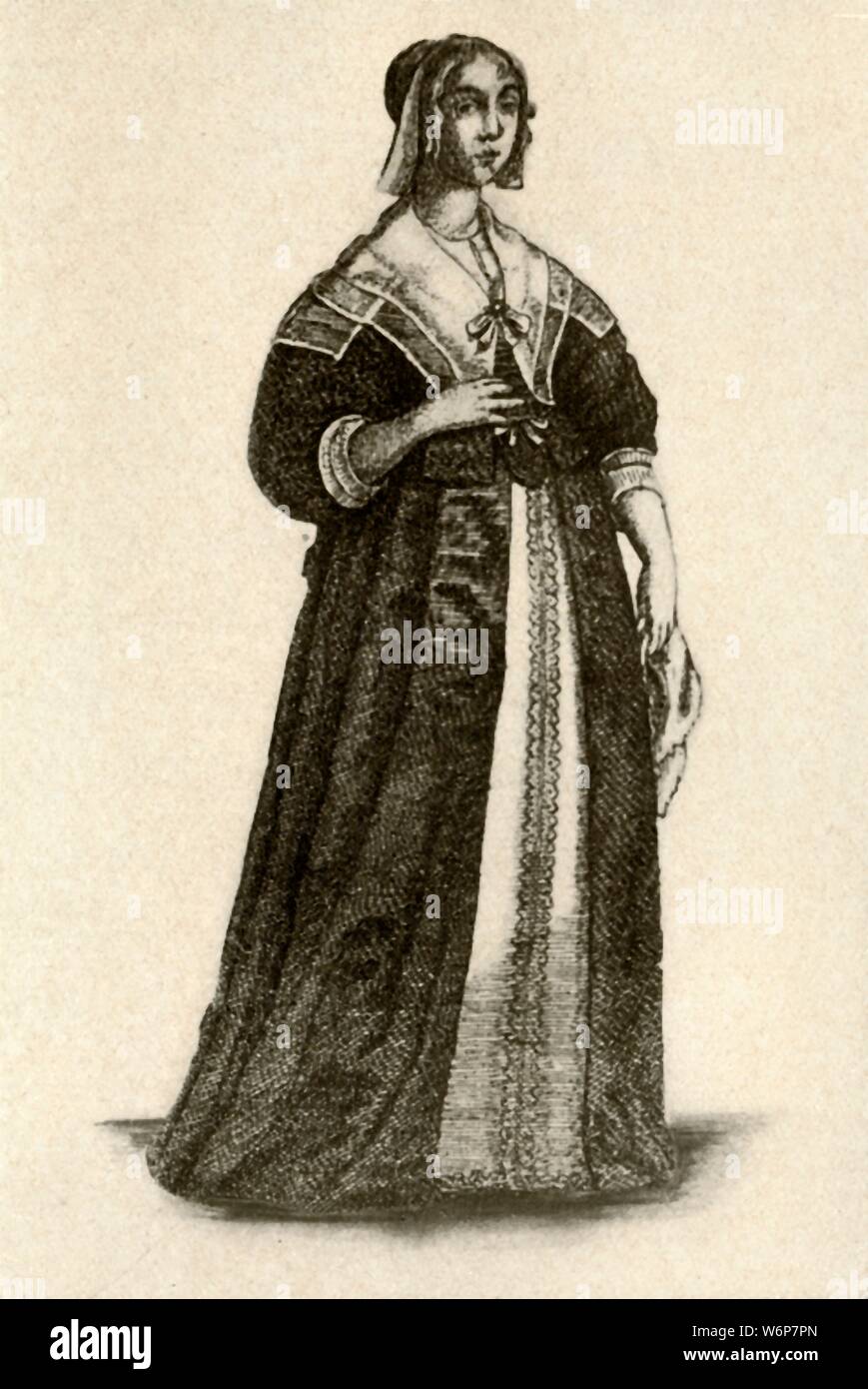 "Une dame anglaise en chambre robe, 1640', 1937. À partir de "Histoire de l'American Costume - Un livre 1607-1800", par Elisabeth McClellan. [Tudor Publishing Company, New York, 1937] Banque D'Images