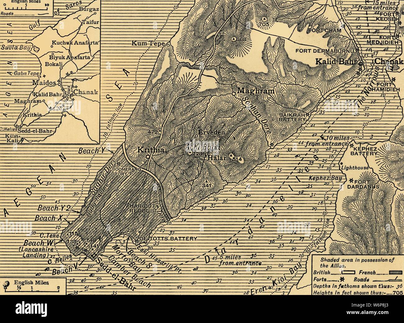 Les positions alliées sur la péninsule de Gallipoli en Turquie, Première Guerre mondiale, juillet 1915, (c1920). 'Les opérations dans la zone sud de Gallipoli : Carte montrant la ligne environ des Alliés à la fin des combats". Positions des forces britanniques et françaises, et des points stratégiques dans l'échec de la campagne contre la Turquie par les forces alliées. "De la Grande Guerre - une histoire" Volume III, édité par Frank UN Mumby. [Le Gresham Publishing Company Ltd, London, c1920] Banque D'Images