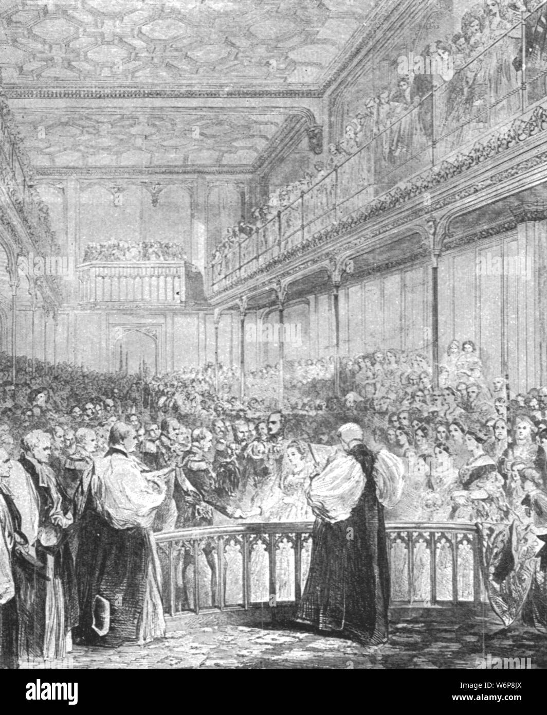 'Le mariage de princesse Royale avec le Prince Frédéric-guillaume de Prusse dans la Chapelle Royale, St James's, le 25 janvier 1858', (1901). Victoria, princesse royale (1840-1901), fille de la reine Victoria, épouse le Prince Friedrich Wilhelm (1831-1888, futur empereur Frédéric III d'Allemagne et roi de Prusse) à la Chapelle Royale, St James's Palace, Londres. "De l'Illustrated London News Record de la glorieuse époque de la reine Victoria 1837-1901 : la vie et l'accession du roi Édouard VII et la vie de la Reine Alexandra". [Londres, 1901] Banque D'Images