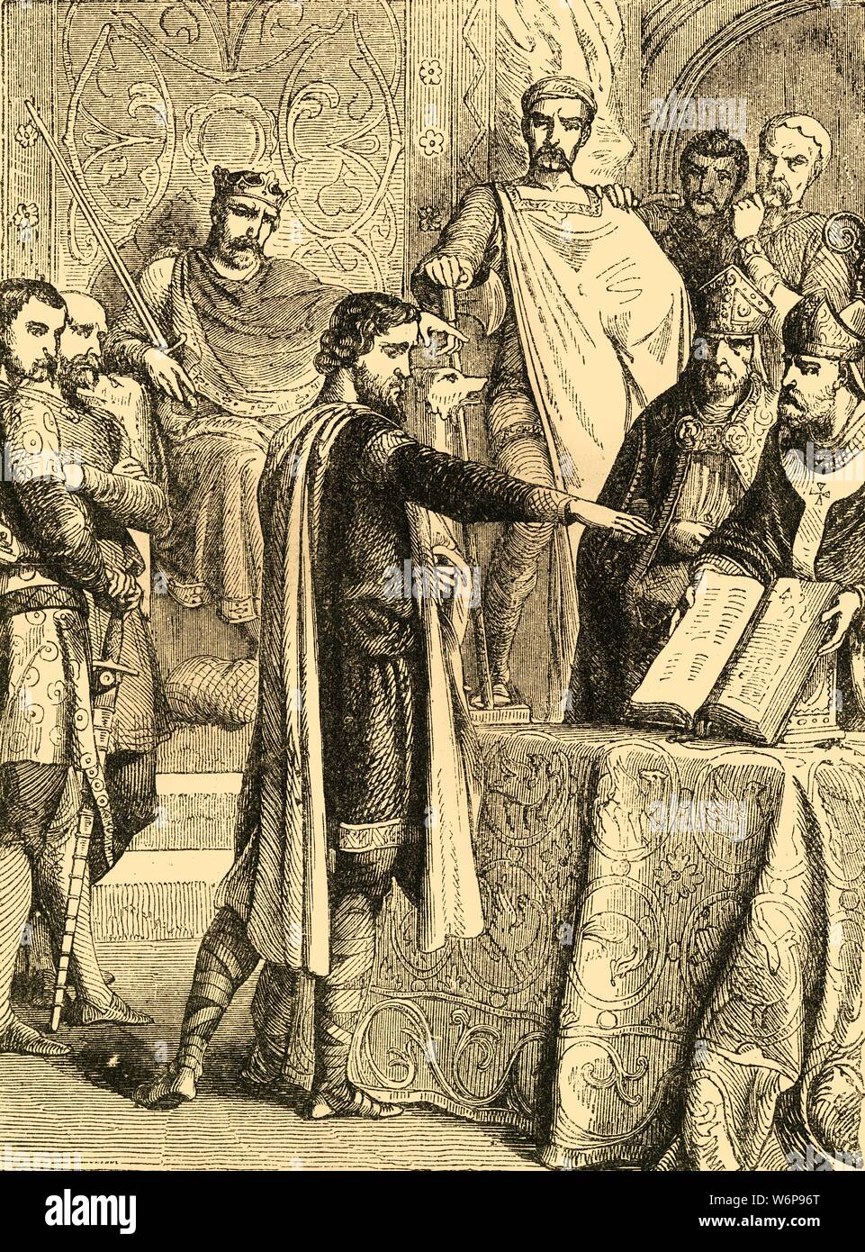 'Harold juré pour maintenir le droit du duc de Normandie au trône d'Angleterre', c1890. Harold Baar "Chez Boultan & Fils" (c1022-1066) est arrivé à Pointhieu en 1064, peut-être des naufragés ou cherchant la libération de membres de sa famille, il a été a été capturé par Guy de Ponthieu, remis à Duke William qui lui a présenté avec des armes à Dinan. Harold puis de prêter serment sur les reliques sacrées soutenant la demande de William au trône d'Angleterre. À partir de "Cassell's Illustrated History of England". Banque D'Images