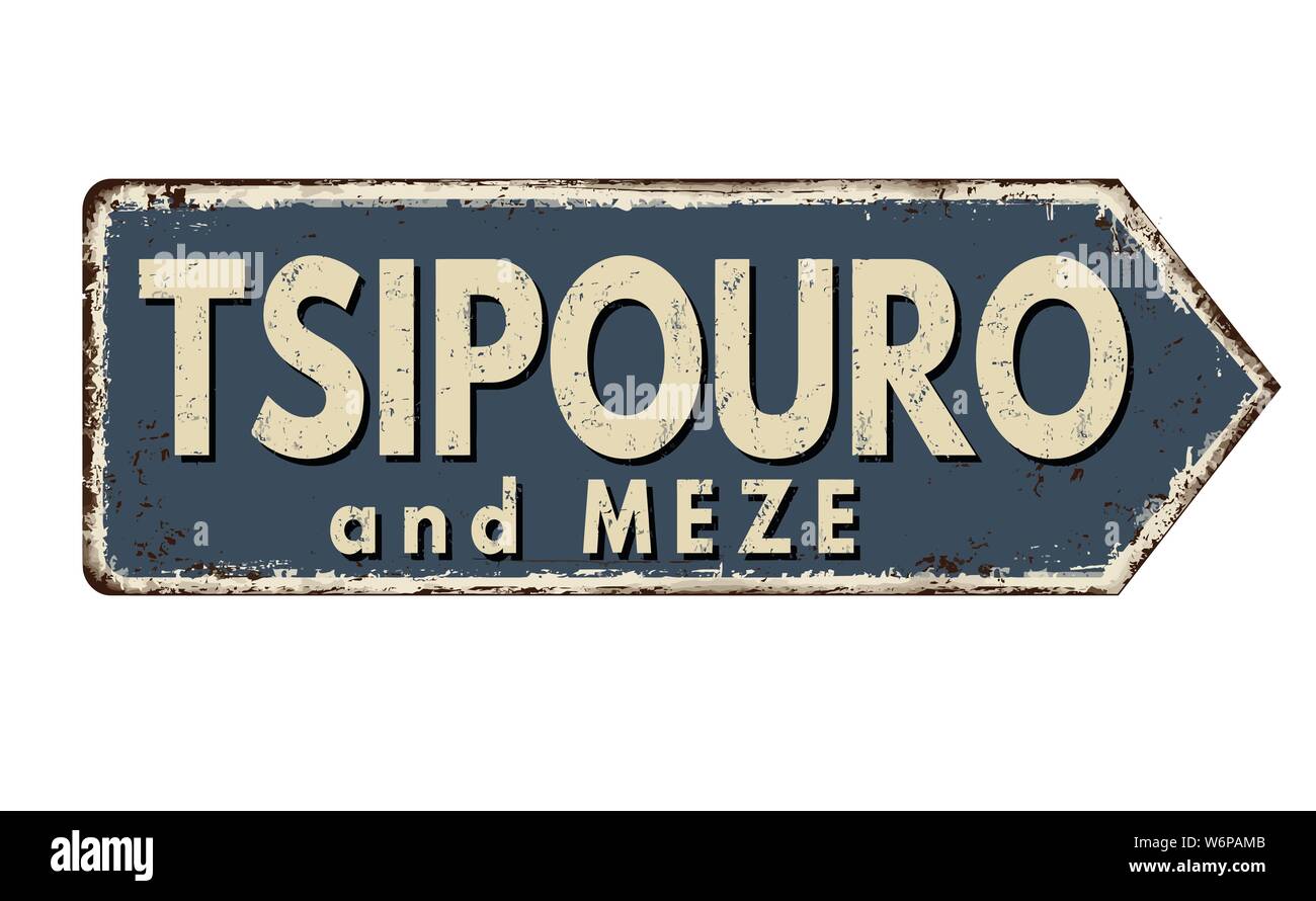Le Tsipouro et meze vintage métal rouillé signe sur un fond blanc, vector illustration Illustration de Vecteur