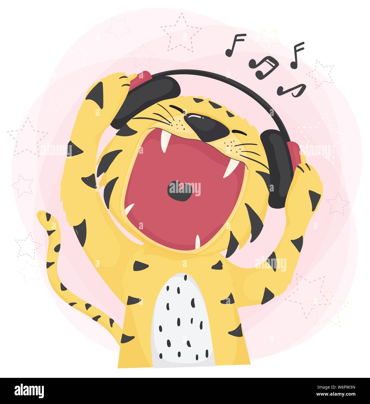 Télévision vector cute tiger ouvrir la bouche sauvage à l'écoute de musique et chant Illustration de Vecteur