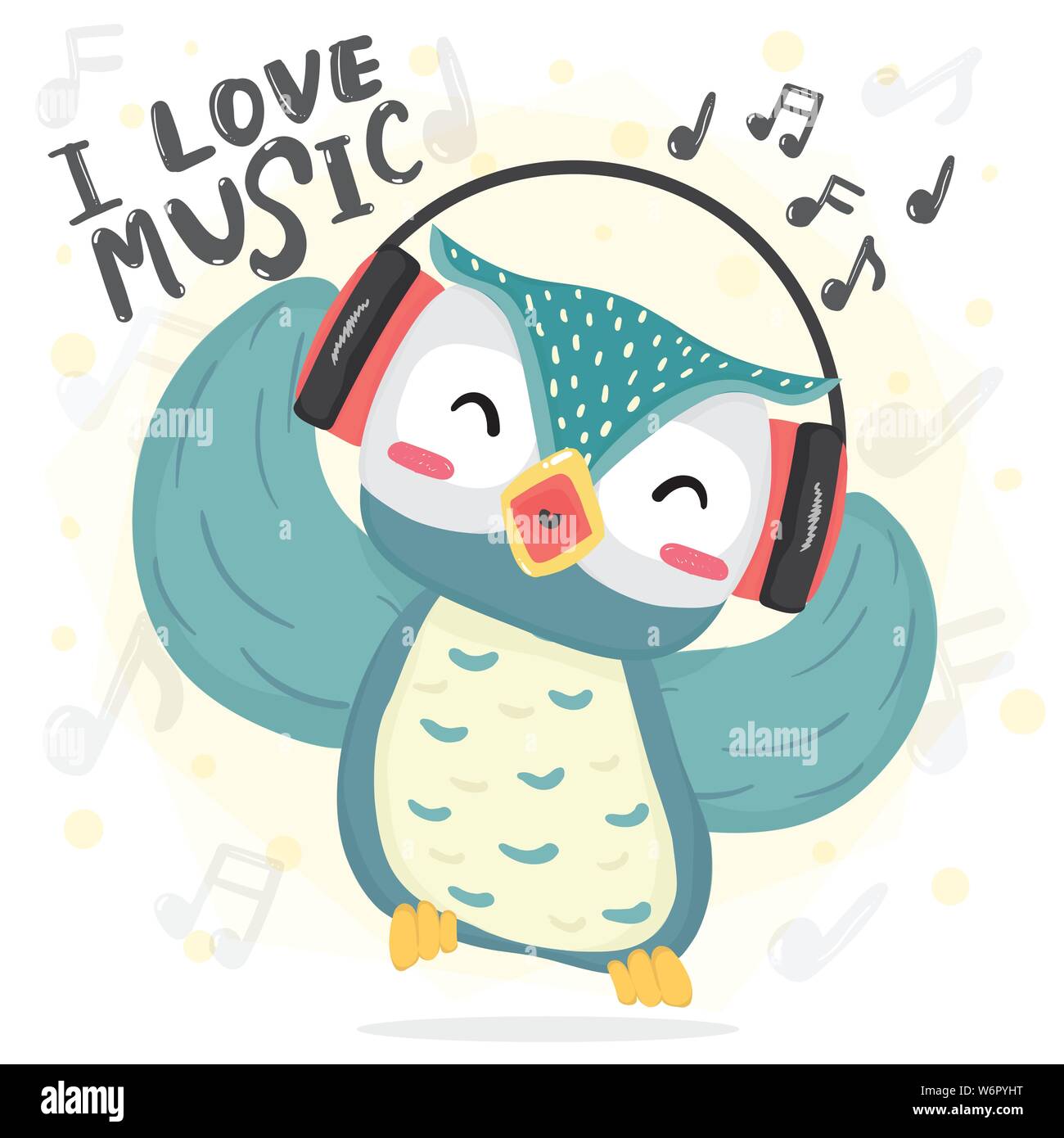 Happy dance blue owl écouter de la musique et chanter chanson avec casque, version Bloc convertion vecteur télévision cute cartoon pour enfant, l'enfance, les enfants stuff Illustration de Vecteur