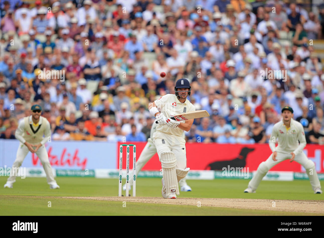 BIRMINGHAM, ANGLETERRE. 02 AOÛT 2019 : Rory Burns de l'Angleterre au cours de la journée au bâton Cendres Specsavers premier test match au terrain de cricket d'Edgbaston, Birmingham. Banque D'Images