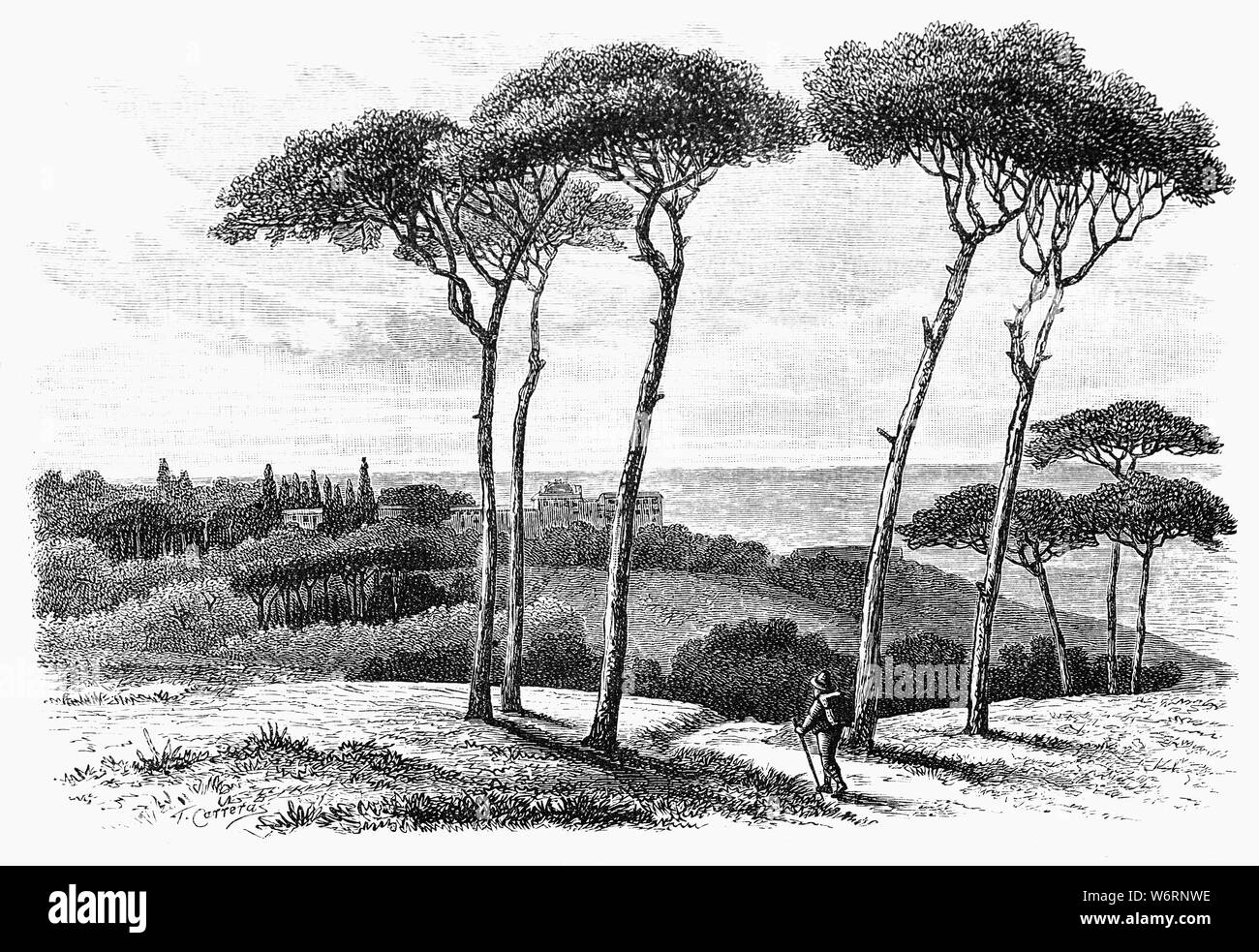 Un 19e siècle vue de Tusculum, une ville romaine dans l'Alban Hills, dans la région Latium en Italie. Au 1er siècle avant notre ère, les villas du quartier avait acquis plus d'importance que la ville elle-même, et par la fin de la République, Tusculum était un lieu de résidence favori pour les riches Romains. En 45 avant notre ère Cicéron a écrit une série de livres dans sa villa romaine de Tusculum, l 'Tusculanae Quaestiones'. Banque D'Images