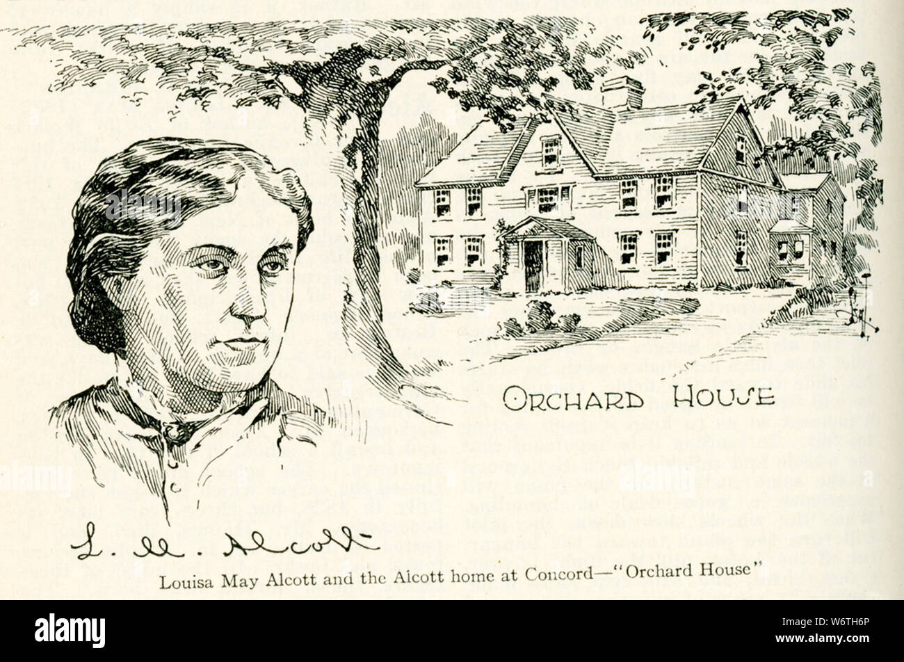 Cette illustration remonte au début des années 1920. Le sous-titre suivant : Alcoitt Louisa May Alcott, et l'accueil chez Concord - "Orchard House." Alcott est un écrivain, nouvelliste et poète, mieux connu sous le nom de l'auteur des romans peu de femmes, peu d'hommes, Jo's Boys. Banque D'Images