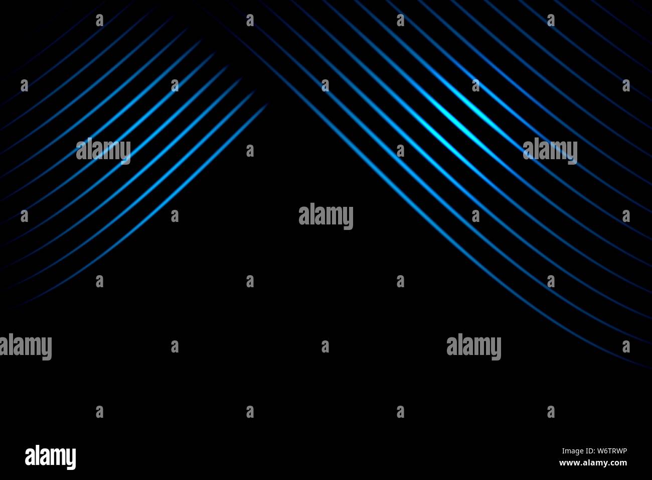 Rideau de scène abstrait bleu avec des lignes courbes sur fond noir Banque D'Images