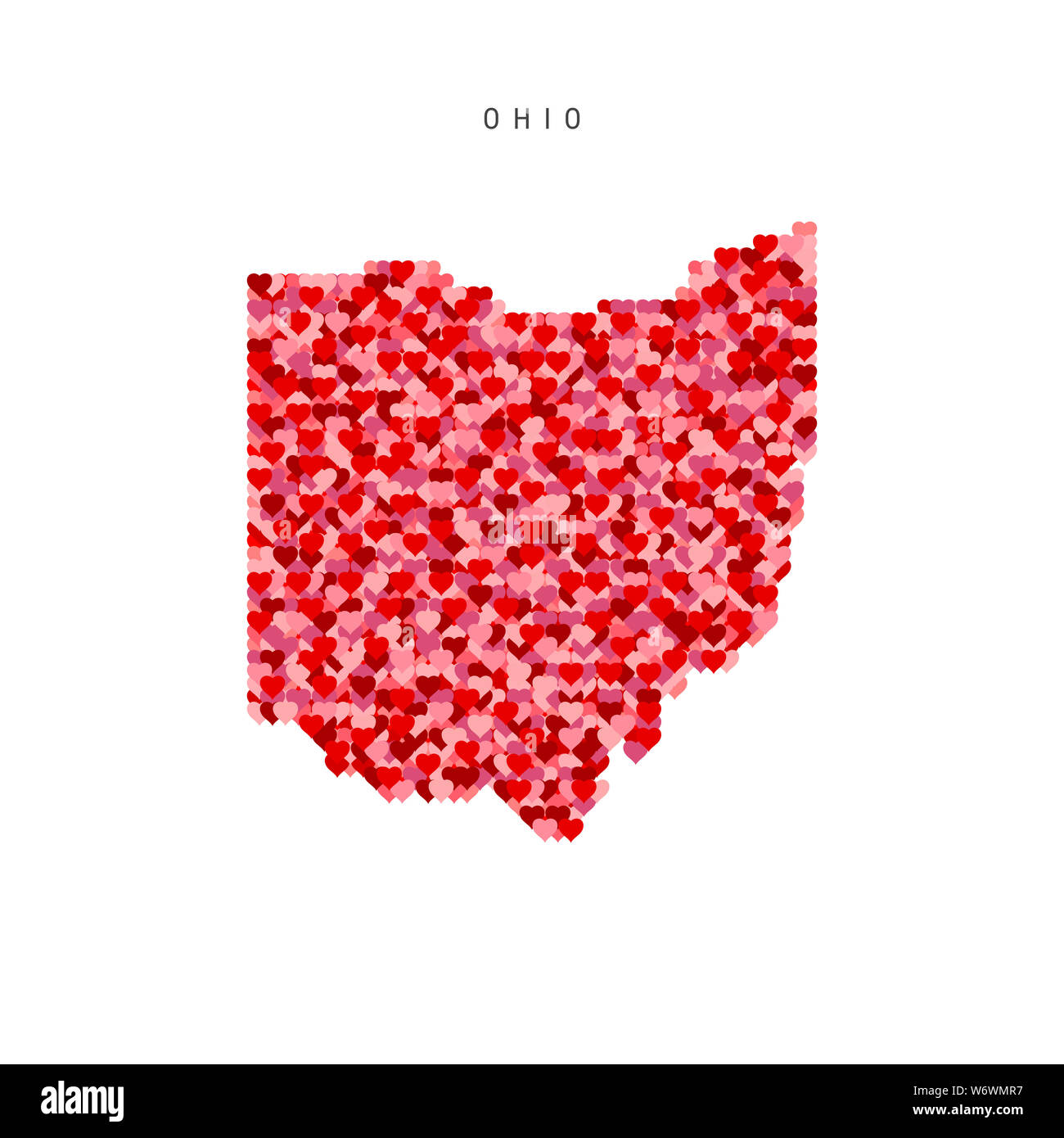 J'aime l'Ohio. Coeurs rouges et roses Pattern Map of Ohio isolé sur fond blanc. Banque D'Images