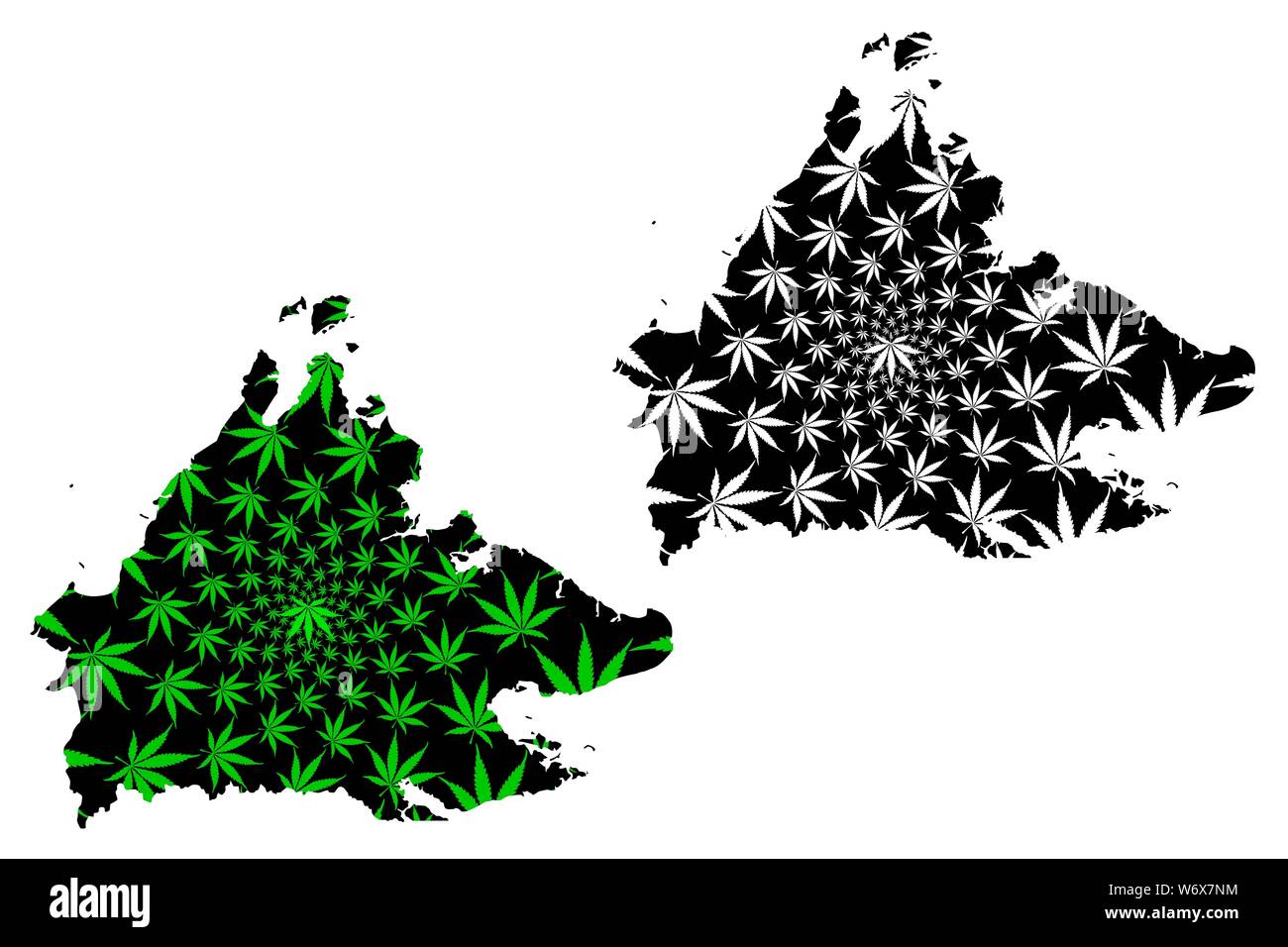Sabah (États et territoires fédéraux de la Malaisie, Fédération de Malaisie) la carte est conçue de feuilles de cannabis vert et noir, Sabah carte fait de la marijuana Illustration de Vecteur