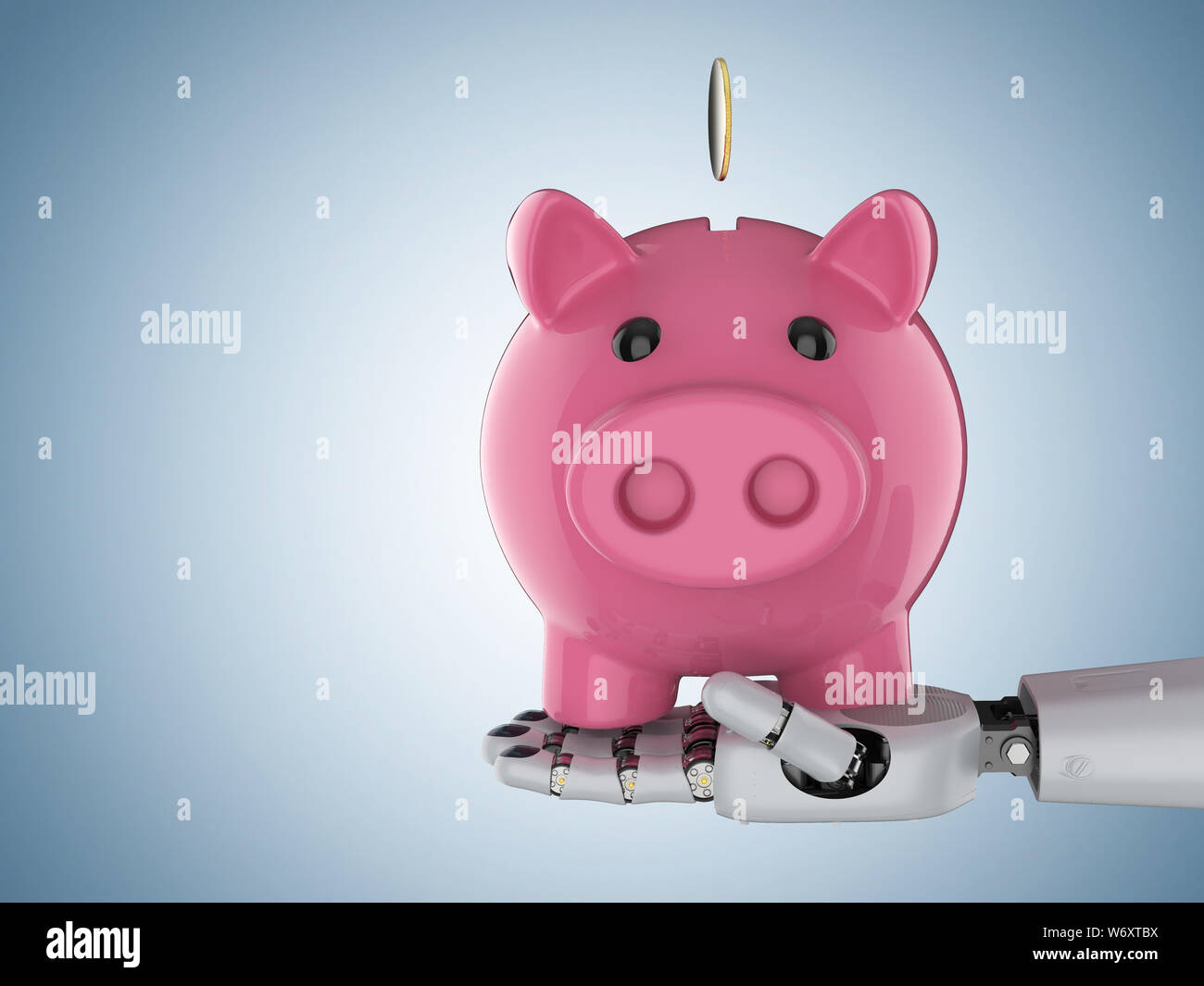 Technologie concept financier avec rendu 3D cyborg hand holding piggy bank Banque D'Images