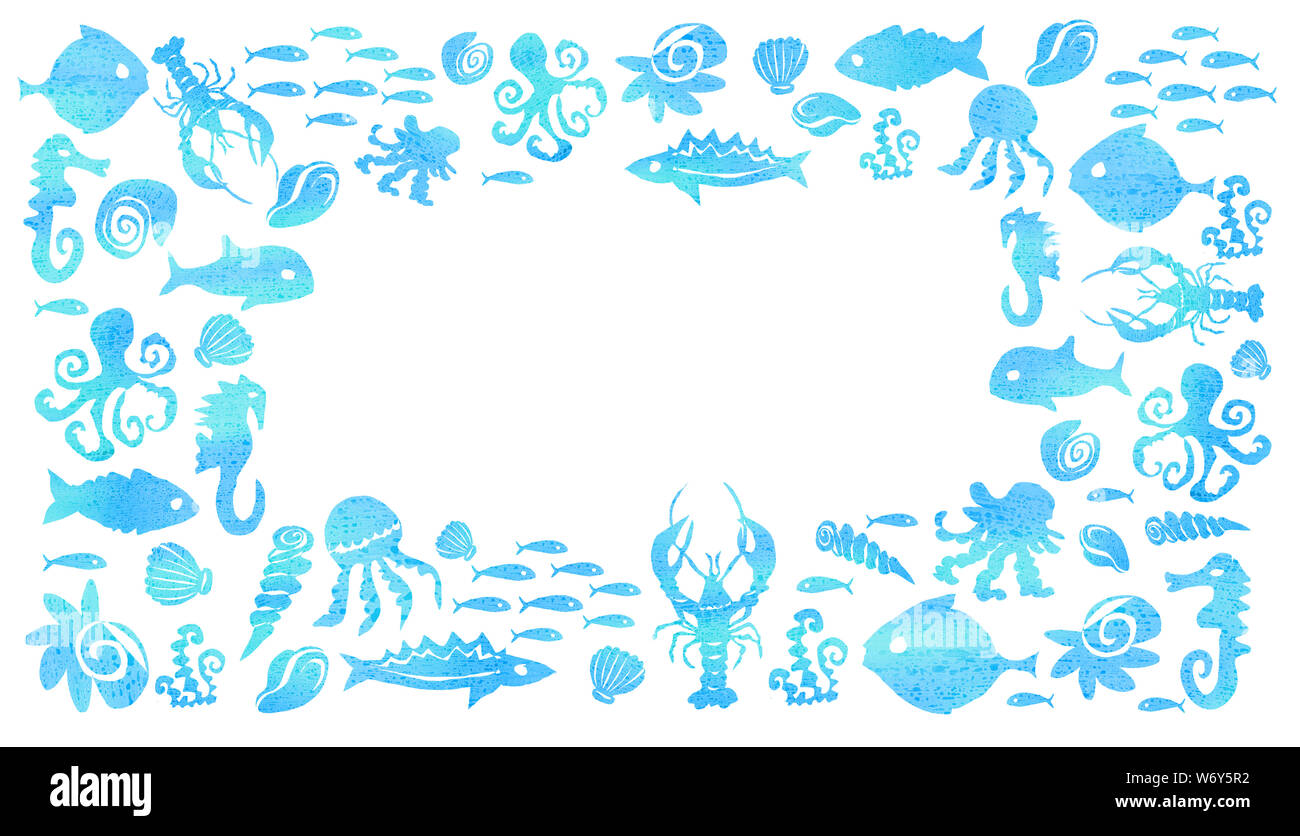 Silhouettes de poissons, un hippocampe, des méduses, des moules, des écrevisses, des poulpes sur un fond blanc. Un cadre en forme horizontalement en bleu au lieu de t Banque D'Images