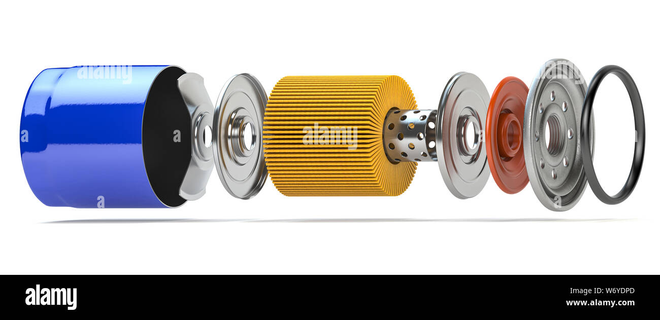 Filtre à huile voiture isolé sur blanc. Vue éclatée. 3d illustration Banque D'Images