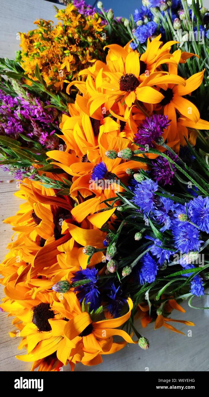 Libre d'un bouquet de fleurs sauvages se trouve sur une table d'été, concept, rudbeckia, bleuet, helichrysum arenarium, chamaenerion, selective focus Banque D'Images