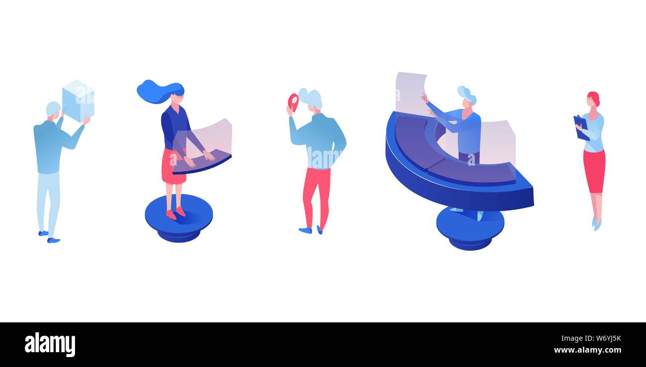 Les employés de bureau jeu de caractères isométrique. Les employés de sexe masculin, féminin en milieu futuriste de personnages de dessins animés. Femme, secrétaire, réceptionniste à la réalité augmentée, expert du marché international d'assistance Illustration de Vecteur