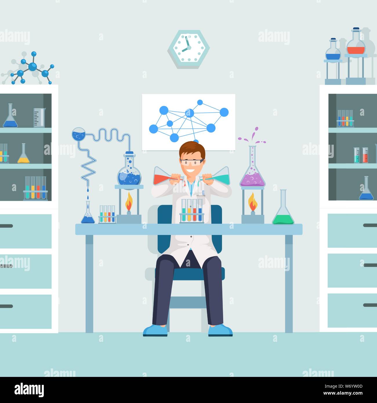 Travailleur de laboratoire faisant test flat illustration. Chimiste mâle, chercheur mélanger les liquides dans des tubes à essai personnage. La création scientifique, pharmacologue, substance expérimentale en laboratoire de médicaments Illustration de Vecteur