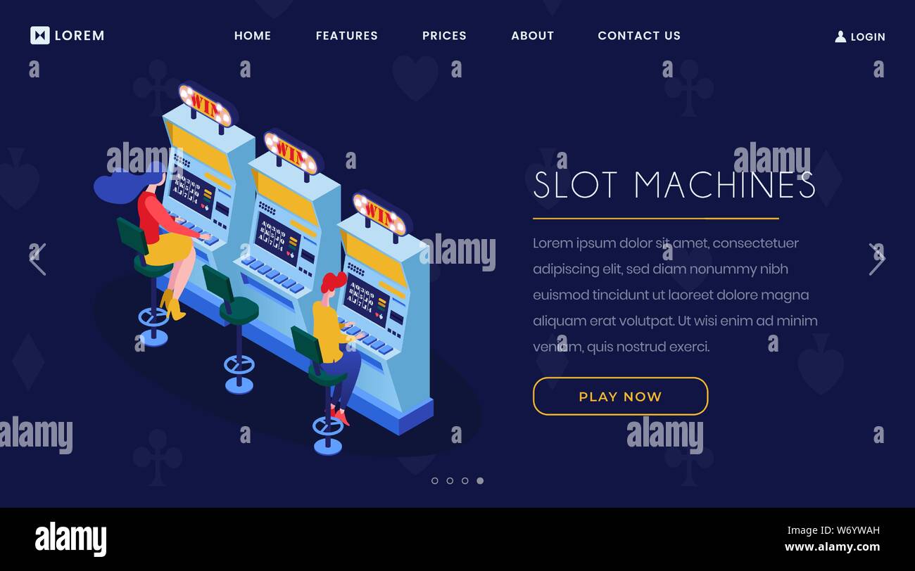 Machines à sous Casino page d'isométrique. Les joueurs jouant un bras bandit, lucky sept personnages 3d. Le jeu, une dépendance moderne de divertissement, les loisirs et d'accueil du site web de passe-temps Illustration de Vecteur