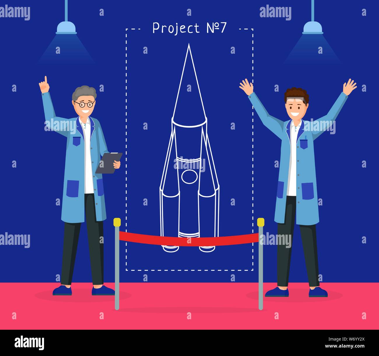Projet de conception de vaisseau télévision vector illustration. Les ingénieurs joyeux présentant le projet de fusée spatiale de personnages de dessins animés. L'exploration de l'espace des experts, des chercheurs montrant l'engin spatial expérimental Illustration de Vecteur