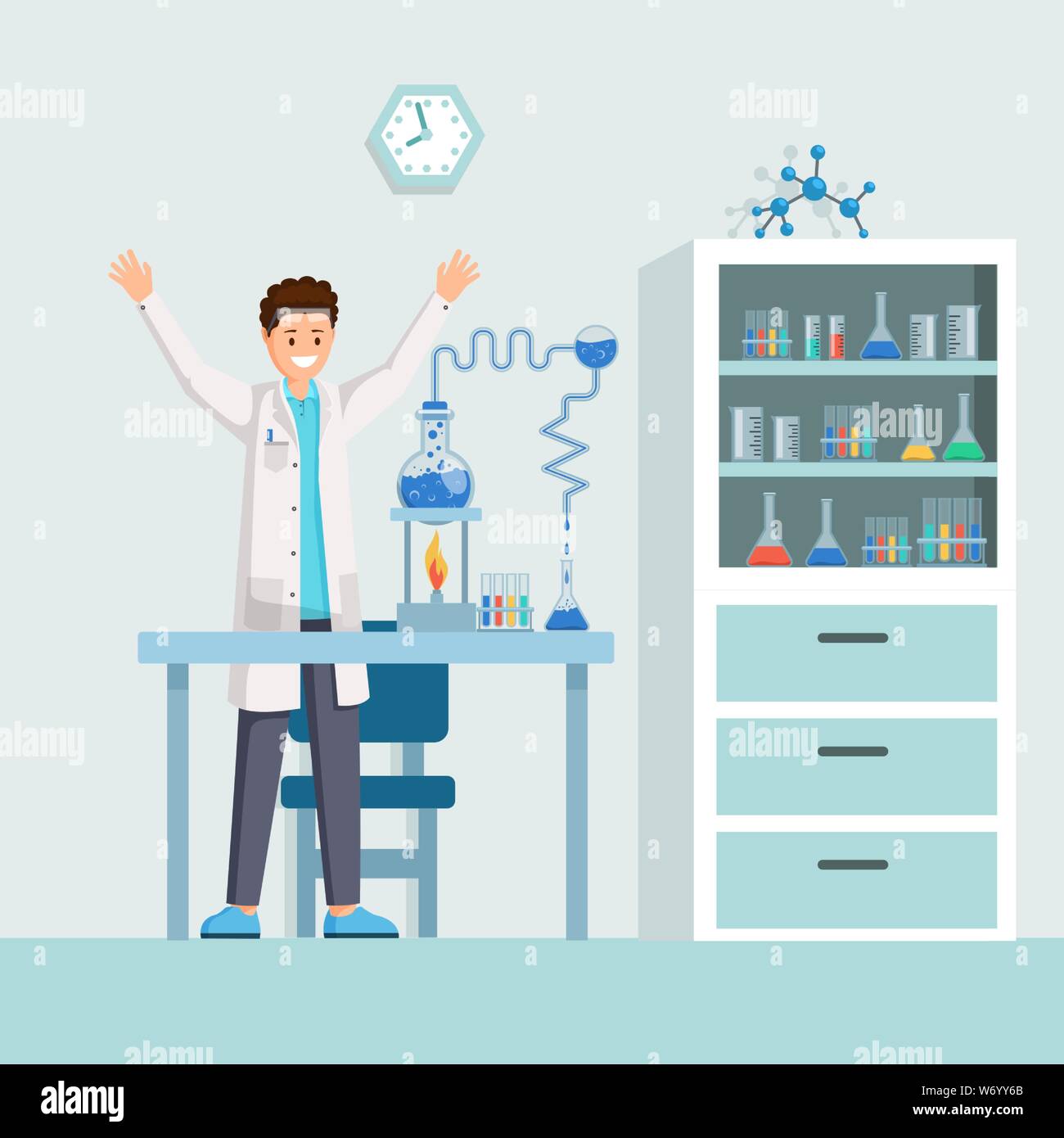 Chercheur Célébrons les succès télévision vector illustration. Chercheur scientifique chimiste heureux, enthousiastes à l'expérience couronnée de succès. Caricature de pharmacologue nouvelle formule découverte, percée médicale Illustration de Vecteur