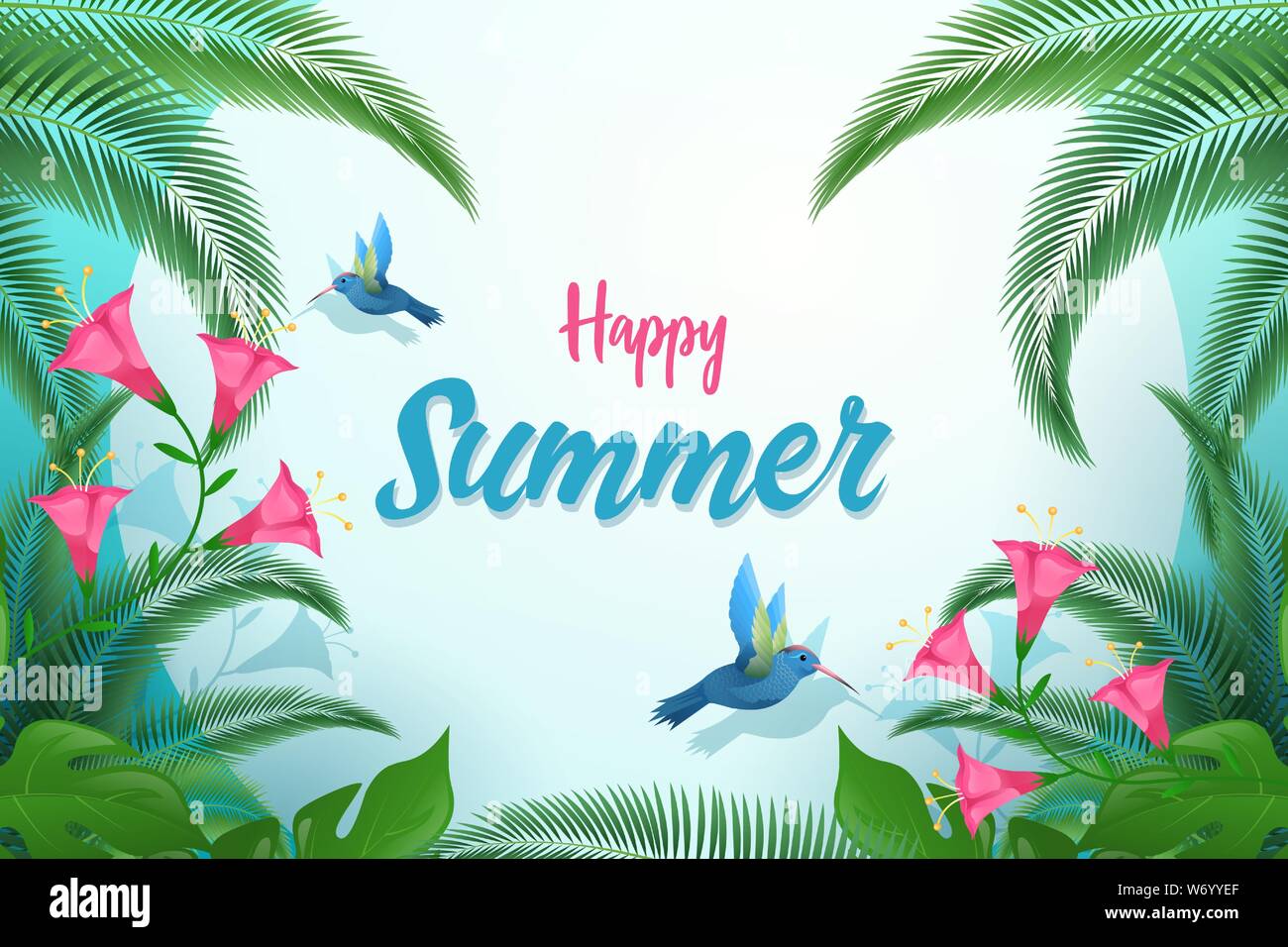Vecteur d'été exotique modèle de page. Bonnes vacances des calligraphies avec des feuilles de palmier, de feuillage tropical et les oiseaux. De minuscules colibris en sirotant un nectar de fleurs carte postale design layout Illustration de Vecteur