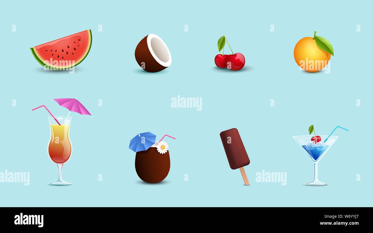 L'alimentation d'été télévision illustrations vectorielles. Les petits fruits de saison et fruits exotiques, snack-d'été, glace au chocolat. L'alcool dans les boissons, cocktails bar verrerie coco isolé sur fond bleu Illustration de Vecteur