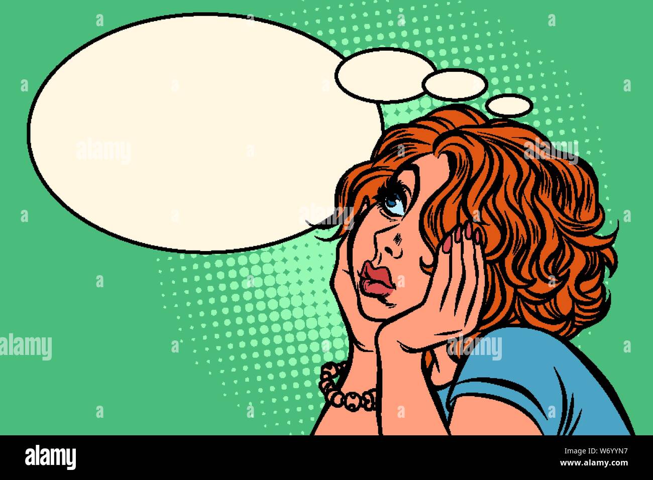 Jeune Femme Aux Cheveux Rouge Triste Retro Pop Art Dessin