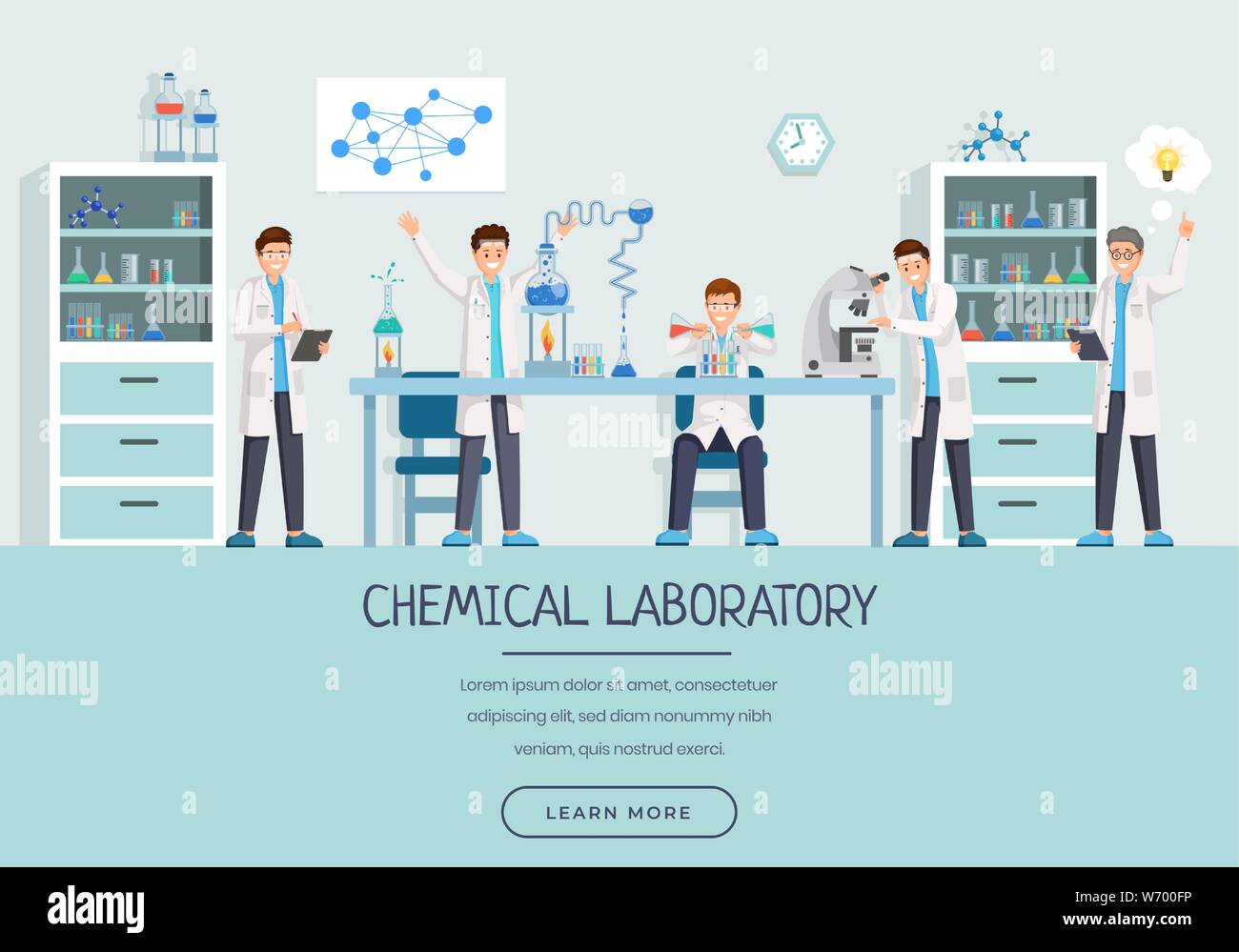 Les travailleurs de laboratoire chimique landing page modèle. Groupe de recherche faisant des tests, l'étude de substances liquides, des personnages de dessins animés. Des scientifiques créatifs avec des idées innovatrices de mise en page conception de page web Illustration de Vecteur