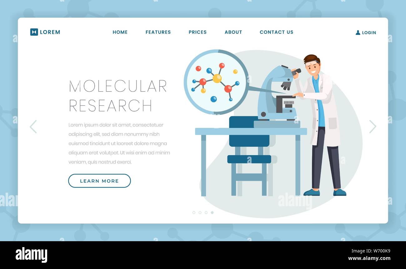 Vecteur de recherche moléculaire landing page modèle. L'étude scientifique de la structure de la molécule de dessin animé en microscope. Les appareils de laboratoire de haute technologie pour la virologie, la bactériologie des programmes de test conception de page web promo Illustration de Vecteur