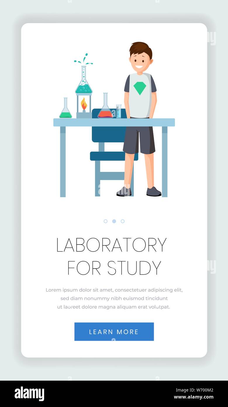 Chimie pour enfants Modèle de page web mobile. La technologie numérique pour l'enseignement les élèves des réactions chimiques sur l'écran du smartphone. Laboratoire d'étude pour les écoliers site web page design application mobile Illustration de Vecteur