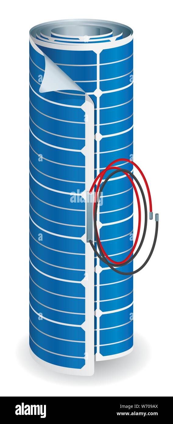 Panneau solaire flexible enroulé avec câbles de connexion noir et rouge sur fond blanc - image vectorielle Illustration de Vecteur