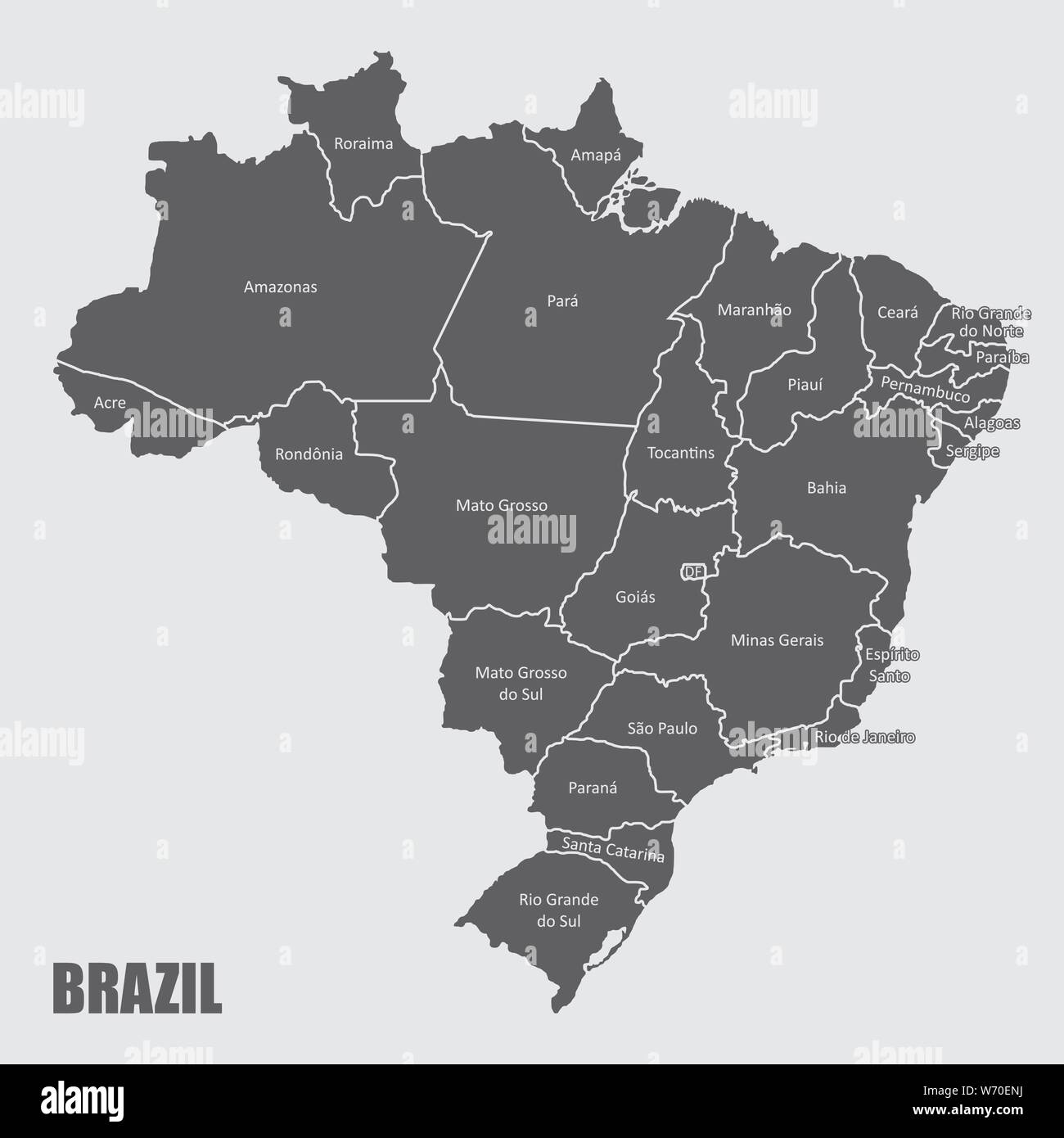 Le Brésil map divisée en régions avec des étiquettes Illustration de Vecteur