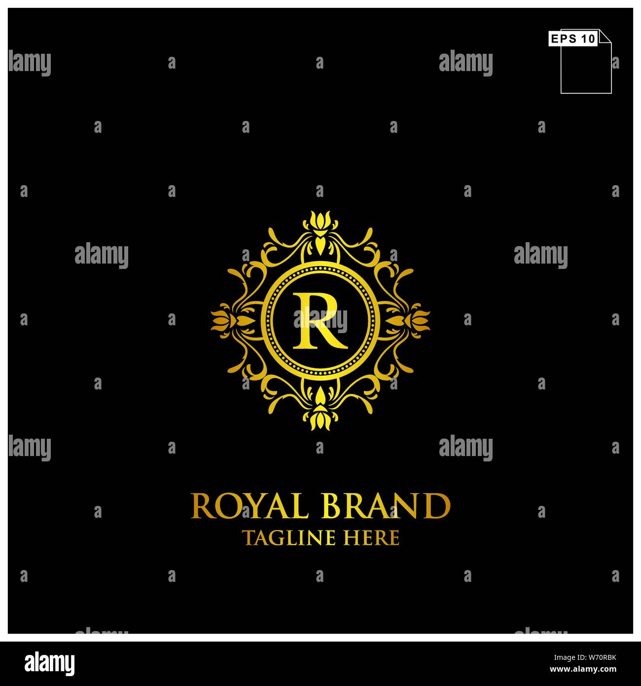 Nom de marque royal design avec logo et motif floral couleur or elemnt et fond noir Illustration de Vecteur