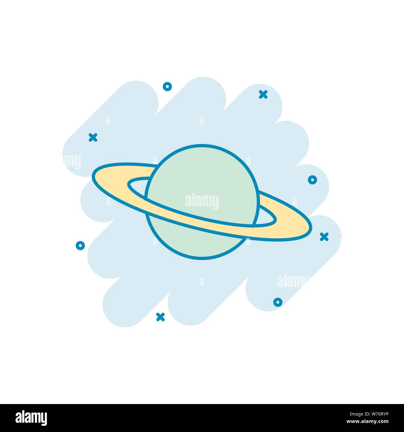 L'icône de Saturne dans le style comique. Vector cartoon illustration sur planète isolé blanc fond. Concept d'entreprise de l'espace Galaxy effet splash. Illustration de Vecteur