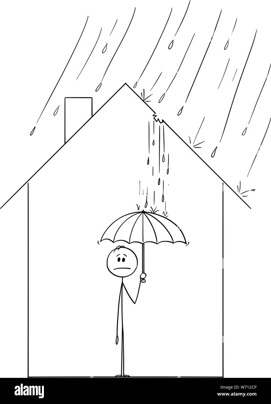 Vector cartoon stick figure dessin illustration conceptuelle de l'homme frustré holding umbrella à l'intérieur de sa maison de famille, parce que la pluie s'en vient à travers le trou dans le toit. Illustration de Vecteur