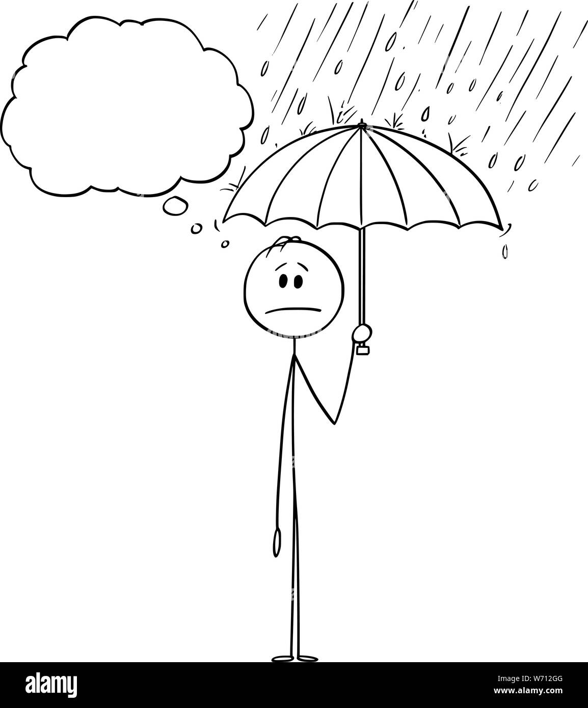 Vector cartoon stick figure dessin illustration conceptuelle de l'homme ou homme debout dans la pluie ou tempête et holding umbrella. Il est en sécurité et cachés de la crise. Illustration de Vecteur