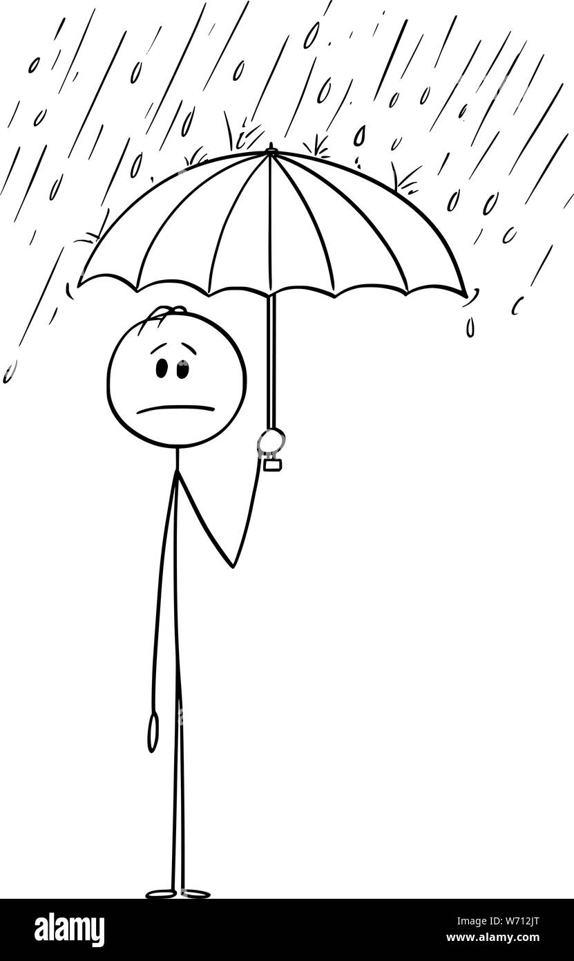 Vector cartoon stick figure dessin illustration conceptuelle de l'homme ou homme debout dans la pluie ou tempête et holding umbrella. Il est en sécurité et cachés de la crise. Illustration de Vecteur