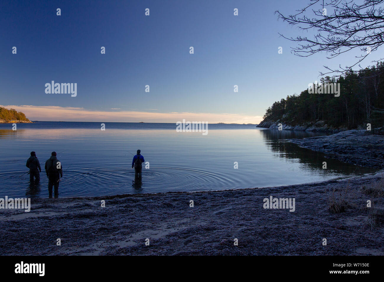 3 personnes prennent un bain au coucher du soleil sur un calme soirée Banque D'Images