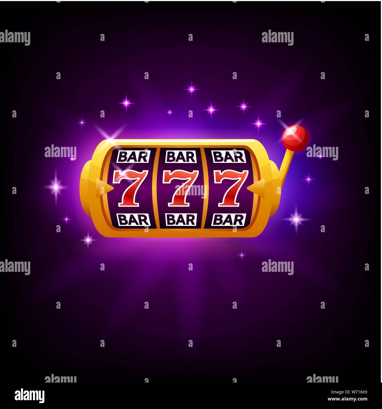 Lucky Seven sur machine à sous, icône de casino en ligne, jeu mobile, fortune chance symbole, vector illustration avec sparkles sur fond violet foncé Illustration de Vecteur