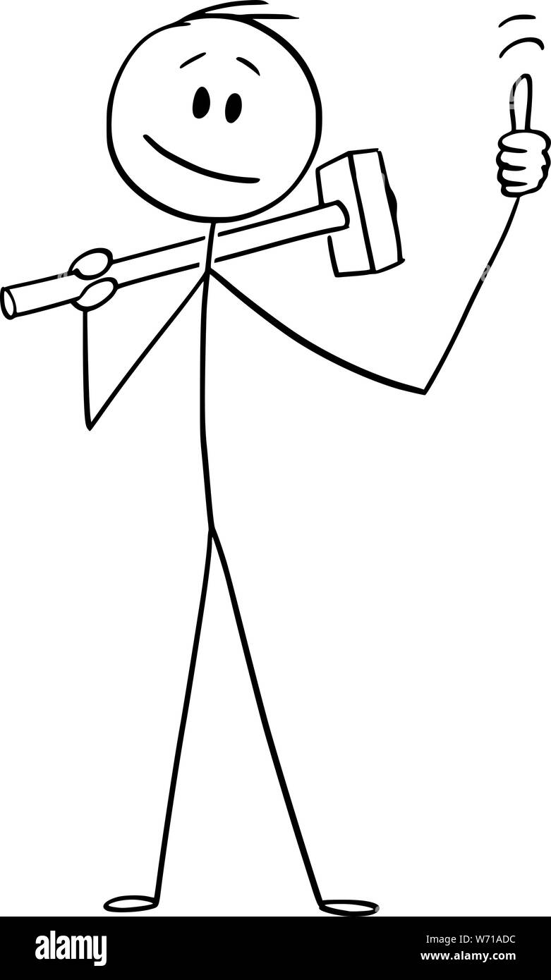 Vector cartoon stick figure dessin illustration conceptuelle de l'homme ou de l'ouvrier de construction avec grand marteau showing thumb up geste. Illustration de Vecteur
