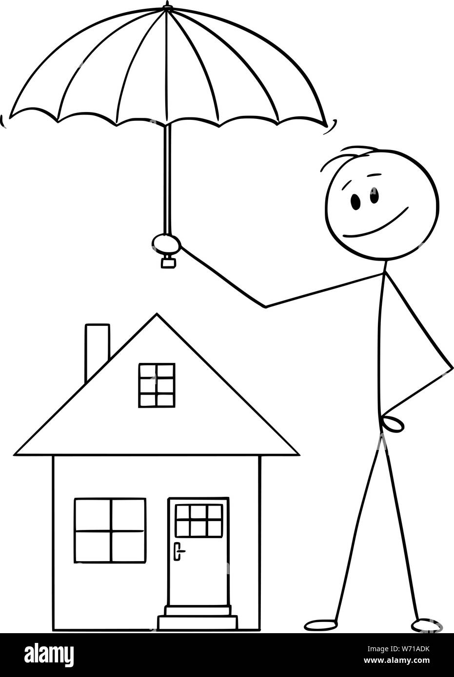 Vector cartoon stick figure dessin illustration conceptuelle de l'homme, homme d'affaires ou agent d'assurance holding umbrella protégeant la maison de famille. Illustration de Vecteur