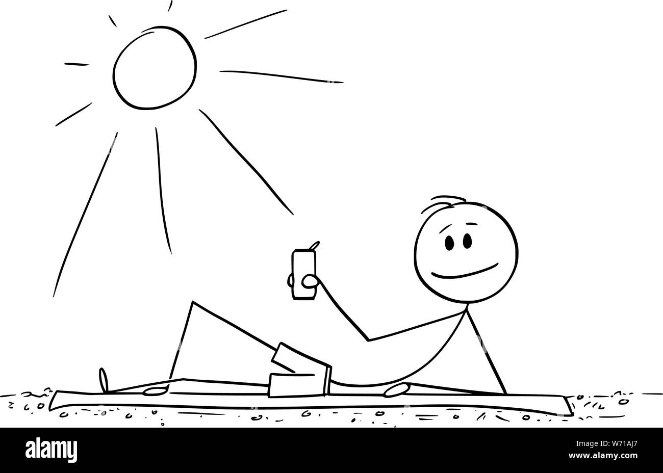 Vector cartoon stick figure dessin illustration conceptuelle de l'homme étendu sur la plage et profiter de la journée ensoleillée ou l'été avec de la bière ou de l'étain peut dans la main. Illustration de Vecteur