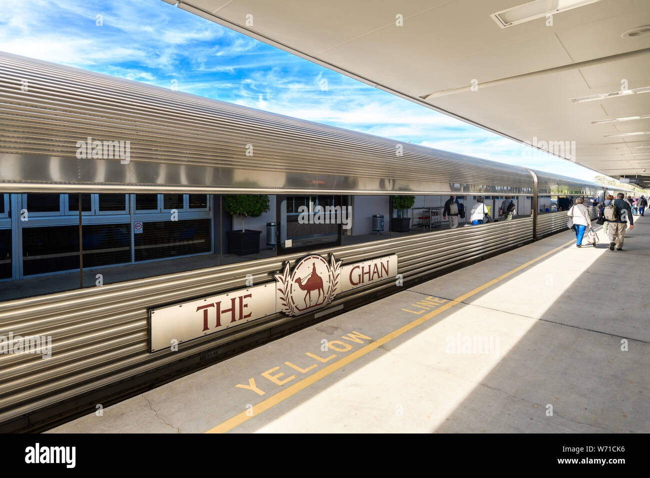 Les parcs d'Adélaïde, Australie du Sud Terminal - 4 août 2019 : Le Ghan train prêt à partir pour son 90e anniversaire de service spécial d'Adelaide t Banque D'Images
