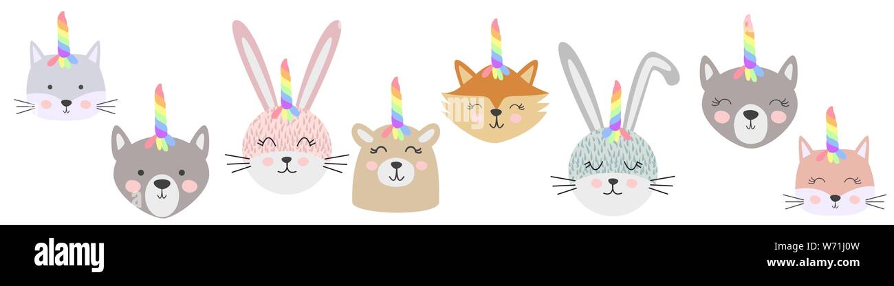 Jeu De Cute Funny Animals Avec Cornes De Licorne Design Plat De Style Scandinave Concept Pour Enfants Imprimer Chat Loup Ours Renard Lapin Image Vectorielle Stock Alamy