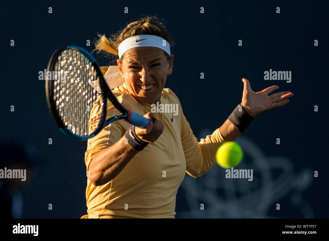 1 août 2019 : Victoria Azarenka (BLR) en action où elle a été défaite par Donna Vekic (CRO) 6-4, 6-3 au deuxième tour de la Silicon Valley Mubadala Classic à l'État de San Jose à San Jose, Californie. ©Mal Tdamr/TennisClix/CSM Banque D'Images