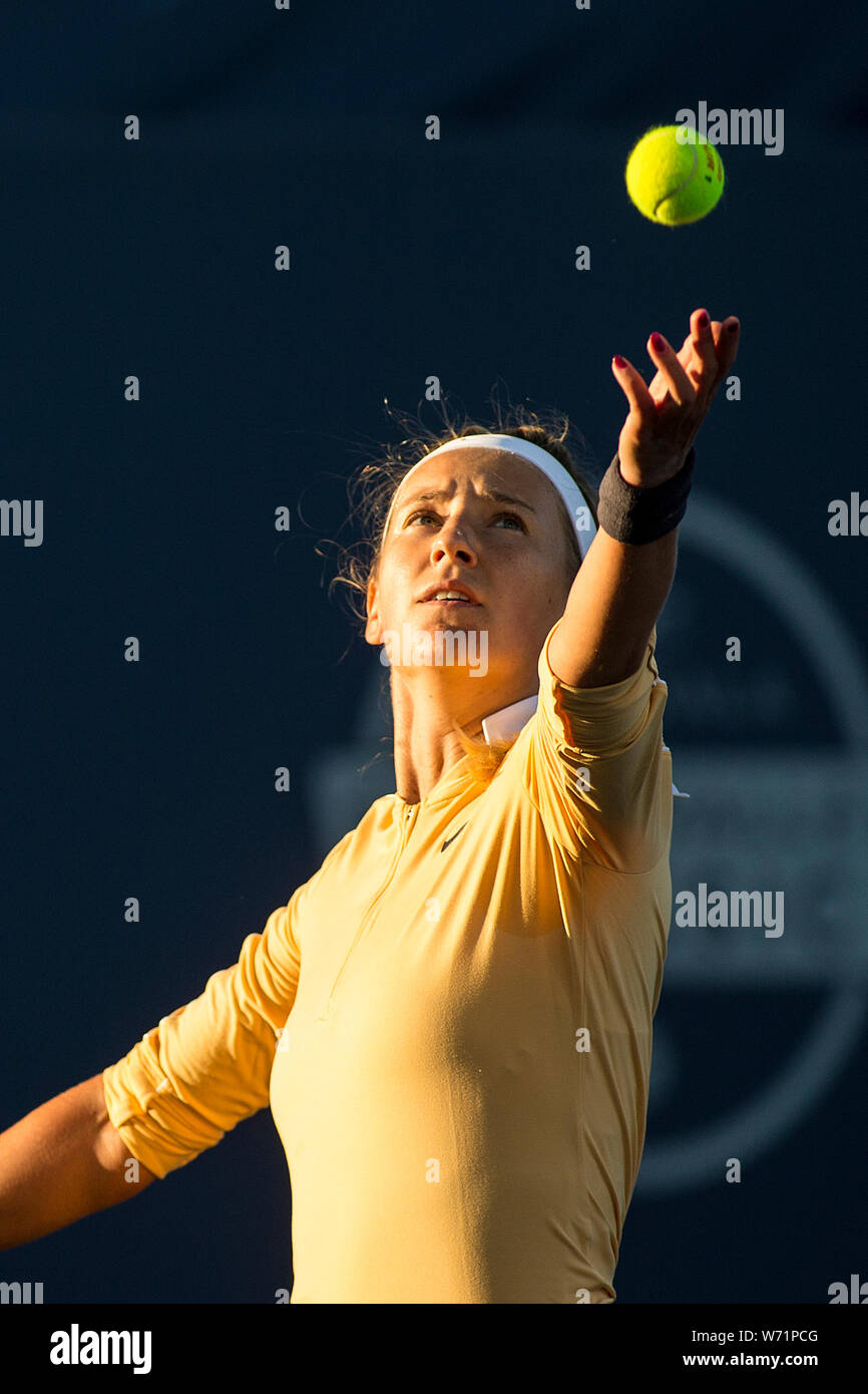 1 août 2019 : Victoria Azarenka (BLR) en action où elle a été défaite par Donna Vekic (CRO) 6-4, 6-3 au deuxième tour de la Silicon Valley Mubadala Classic à l'État de San Jose à San Jose, Californie. Tdamr/TennisClix © Lam/CSM Banque D'Images