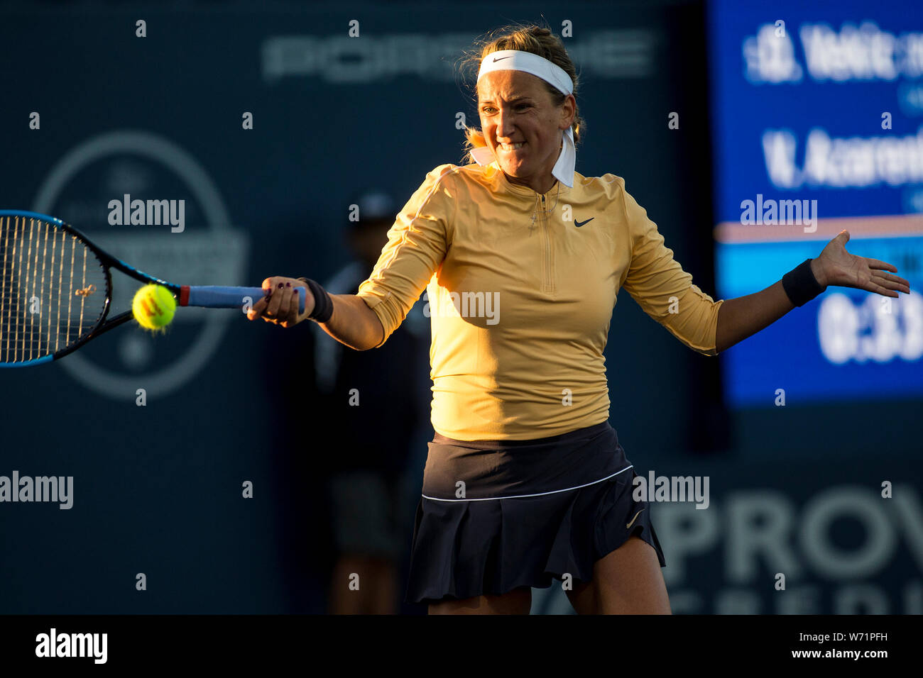 1 août 2019 : Victoria Azarenka (BLR) en action où elle a été défaite par Donna Vekic (CRO) 6-4, 6-3 au deuxième tour de la Silicon Valley Mubadala Classic à l'État de San Jose à San Jose, Californie. Tdamr/TennisClix © Lam/CSM Banque D'Images