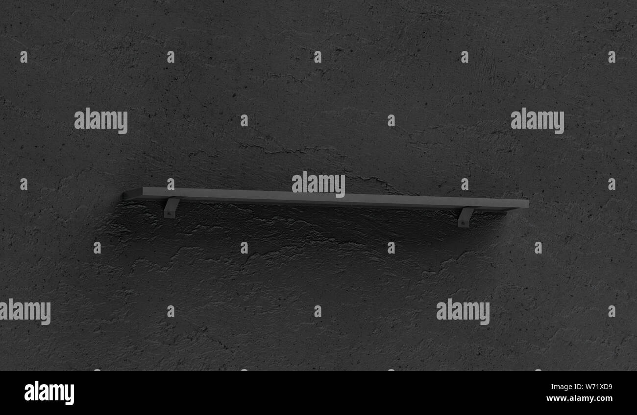Black book vierge maquette plateau monté sur mur texturé noir, rendu 3d. Stand livresque vide maquette, vue de côté. Showroom clair ou de l'intérieur de la bibliothèque Banque D'Images