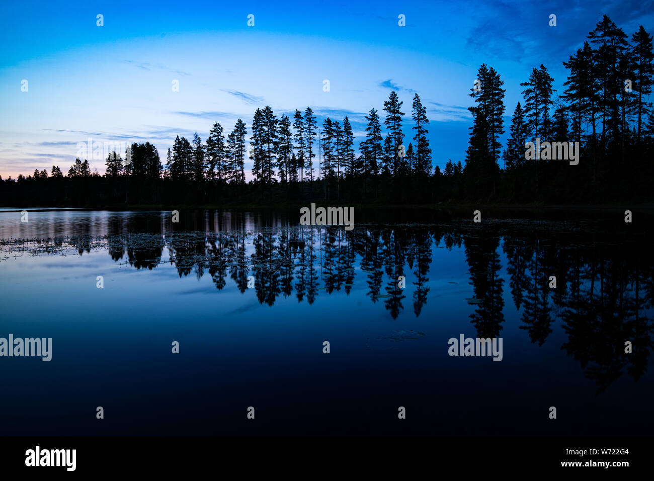 Crépuscule bleu avec des silhouettes d'arbres et l'eau encore Svartälven sur Lola60650 (rivière) dans le désert, la Suède Banque D'Images